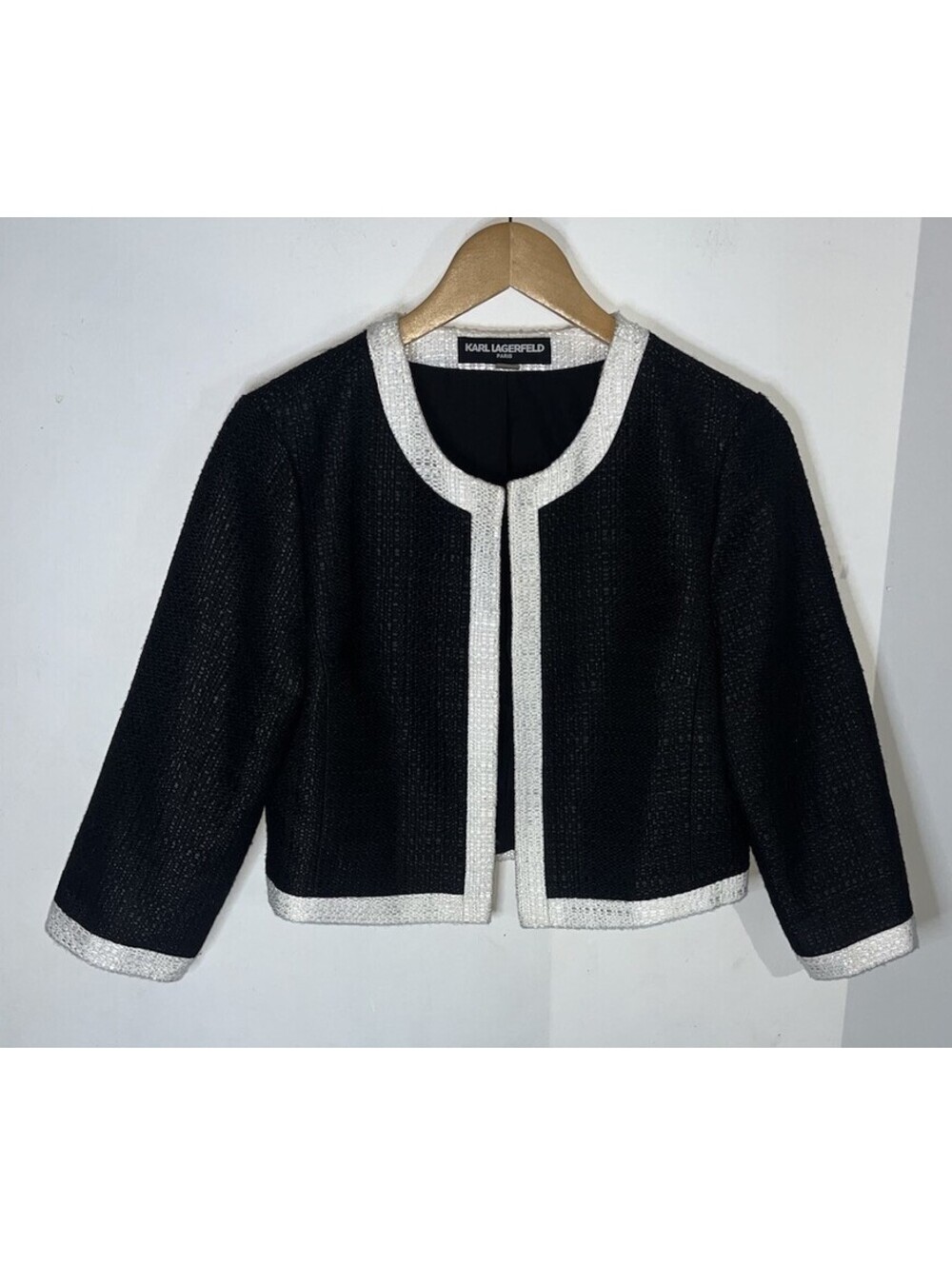 Karl Lagerfeld Paris Blck/White Crop Open Front Tweed Jacket Women’s Size Medium